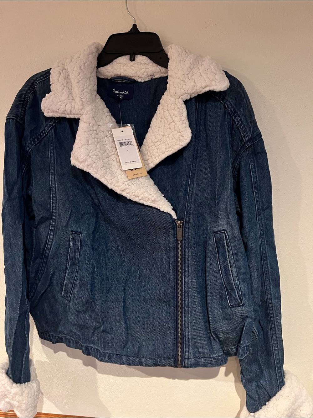 Splendid Blue Denim Jacket with White Sherpa Collar